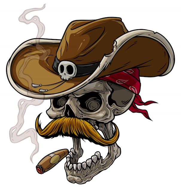 Cartoon cowboy skull with hat, mustache and cigar