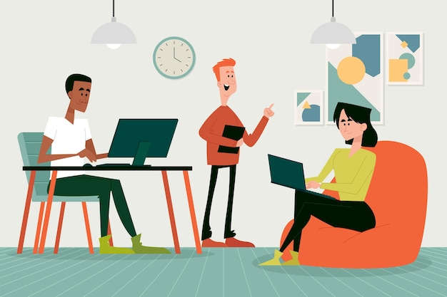 Cartoon coworking space illustration with men and woman