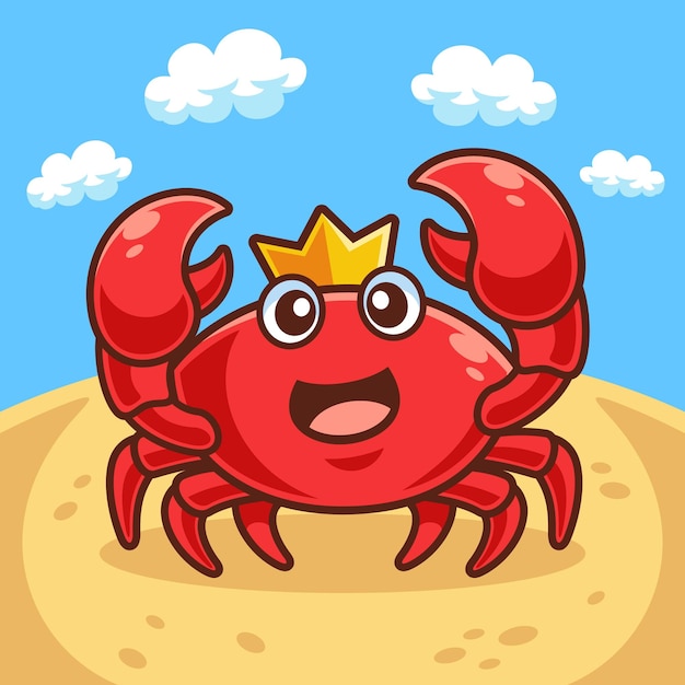 Vector cartoon crab with crown sand beach