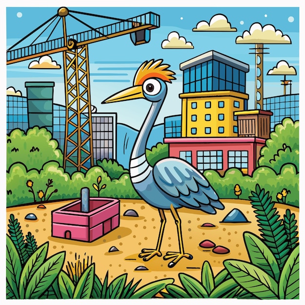 Vector a cartoon of a crane and a building with a crane in the background