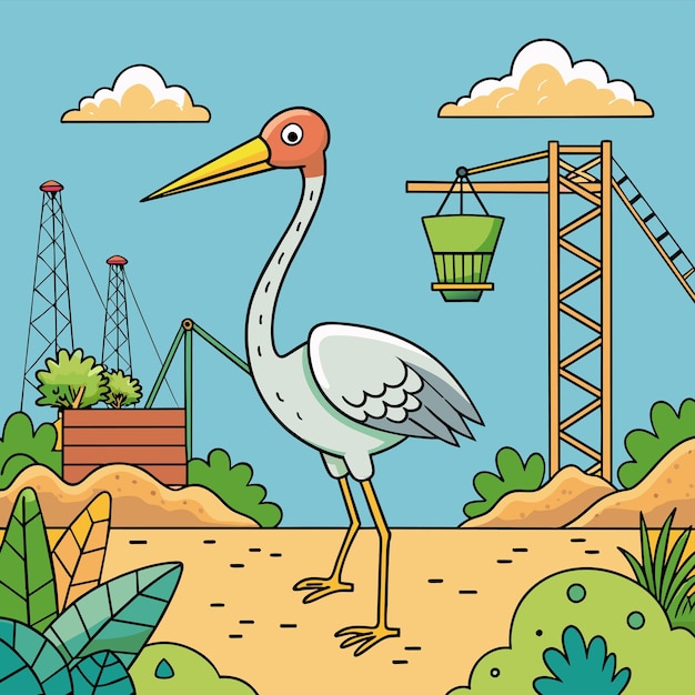 Vector a cartoon of a crane and some plants and a blue sky