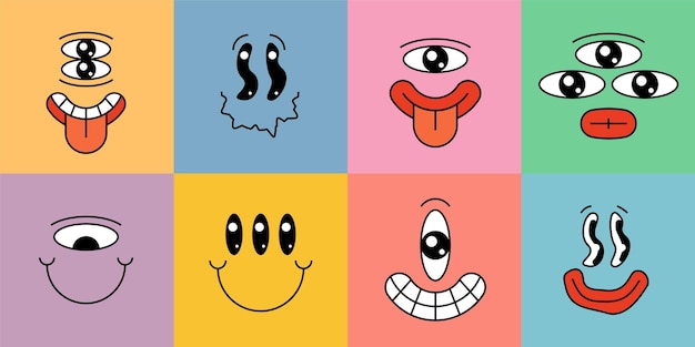 Cartoon crazy smiley character face set on square colorful stickers different emotions melted emoji