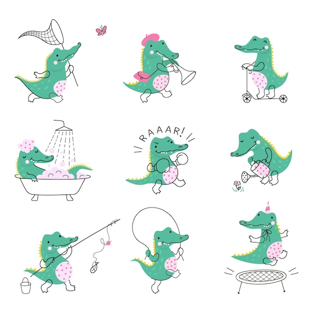 Cartoon crocodile characters Cute wild crocodiles in humorous situations Green animal from africa jumping running fishing Nowaday childish vector set