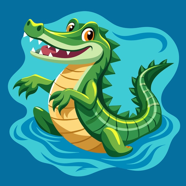 a cartoon of a crocodile with a mouth open and a blue background with a fish in it