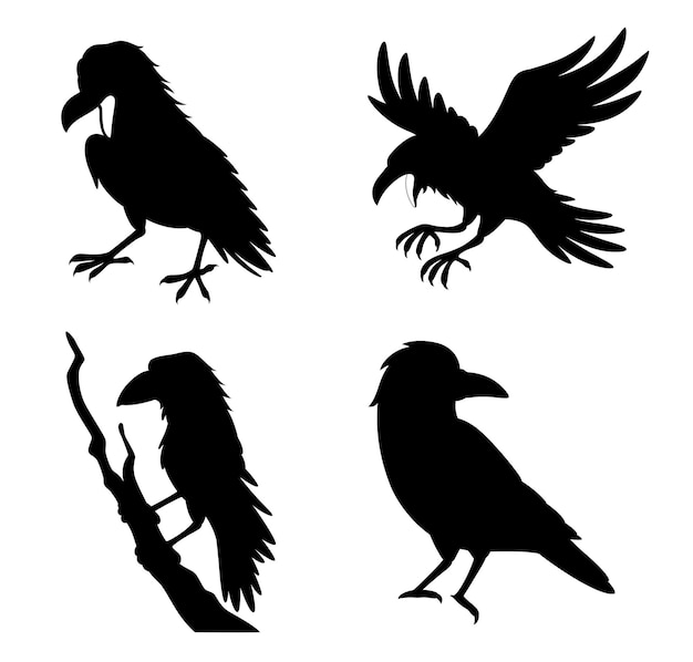 Cartoon Crow flying and Standing isolated Vectors Silhouettes