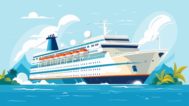 a cartoon of a cruise ship with a blue sky and clouds