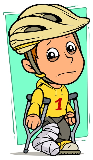 Cartoon crying boy character with broken leg