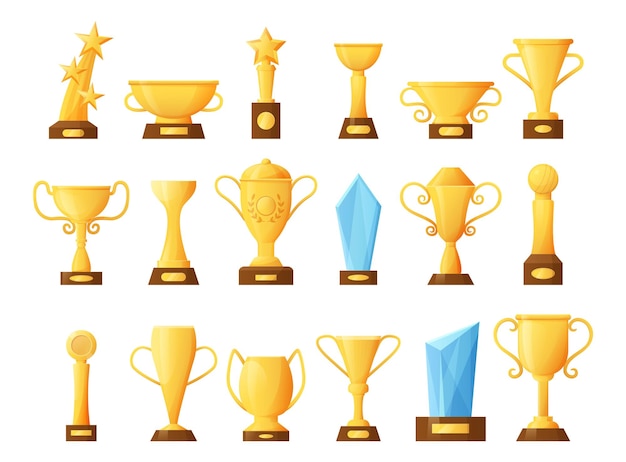 Cartoon cup Golden championship reward Isolated winner prize for competition Gold tournament trophy shapes First place winning yellow goblet Game victory award Vector achievement icon set