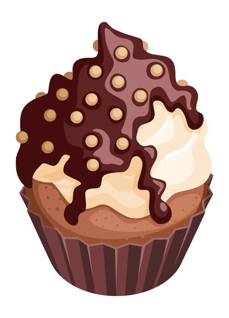 Vector cartoon cupcake. cream muffin with dripping chocolate topping