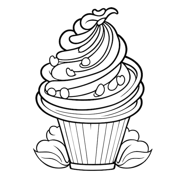 cartoon cupcake with beautiful winding scoops vector illustration line art