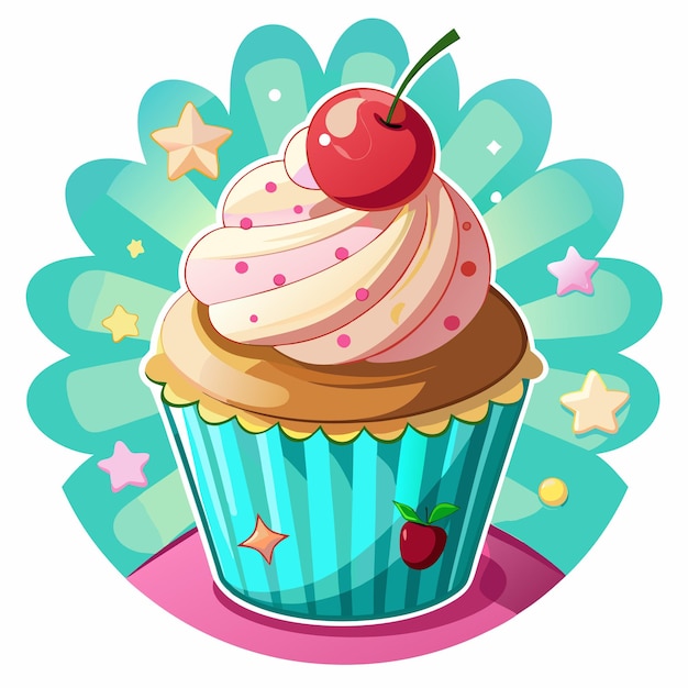 Vector cartoon cupcake with pink icing and a cherry