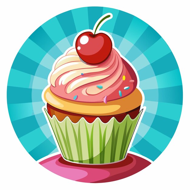 Vector cartoon cupcake with pink icing and a cherry