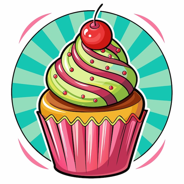 Vector cartoon cupcake with pink icing and a cherry