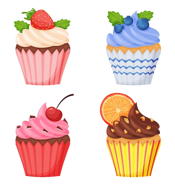 Vector cartoon cupcakes with different taste vanilla and chocolate muffins with different topping as strawberry blueberry cherry and orange decor yummy pastry food for party celebration vector set