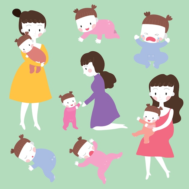 Cartoon cute actions mom and little baby