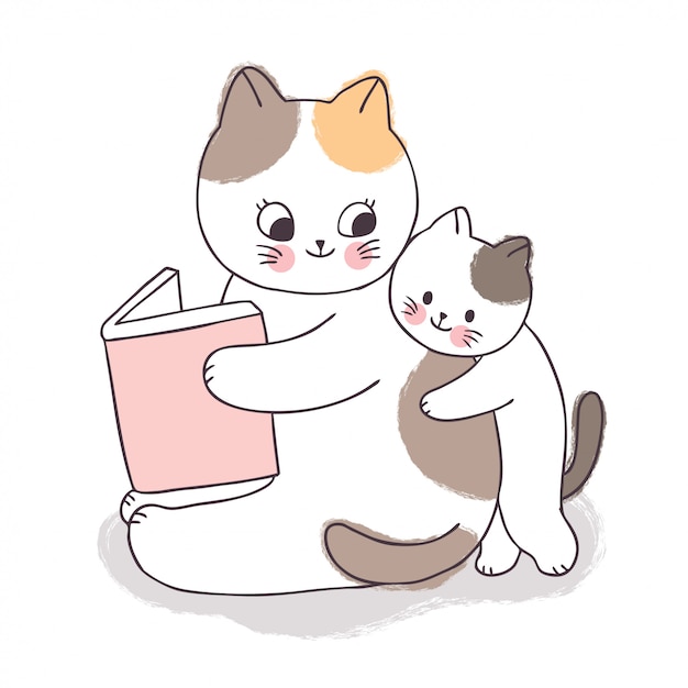 Cartoon cute adorable mother and baby cat reading book