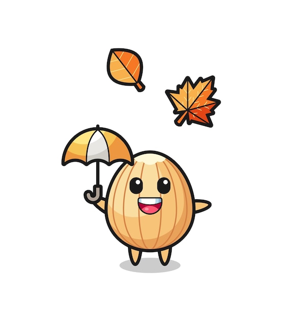 Cartoon of the cute almond holding an umbrella in autumn