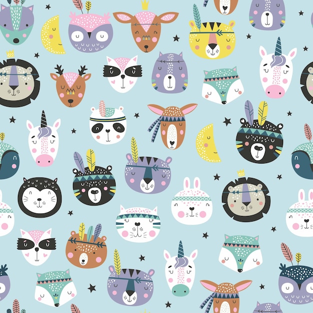 Cartoon cute animal tribal faces. Boho cute animals pattern.