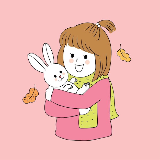 Cartoon cute Autumn girl and rabbit vector.