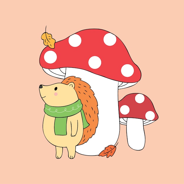 Cartoon cute Autumn hedgehog and mushroom vector.