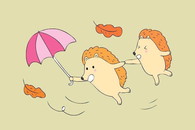 Cartoon cute Autumn hedgehogs and rain vector.