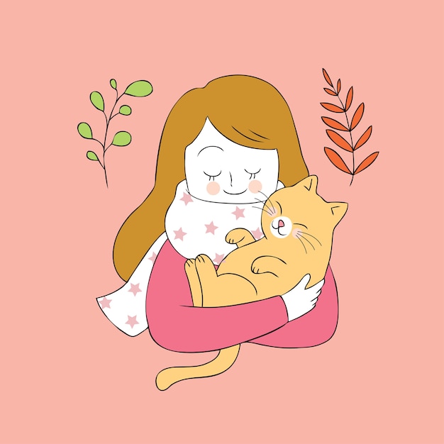 Cartoon cute Autumn woman hug cat vector.