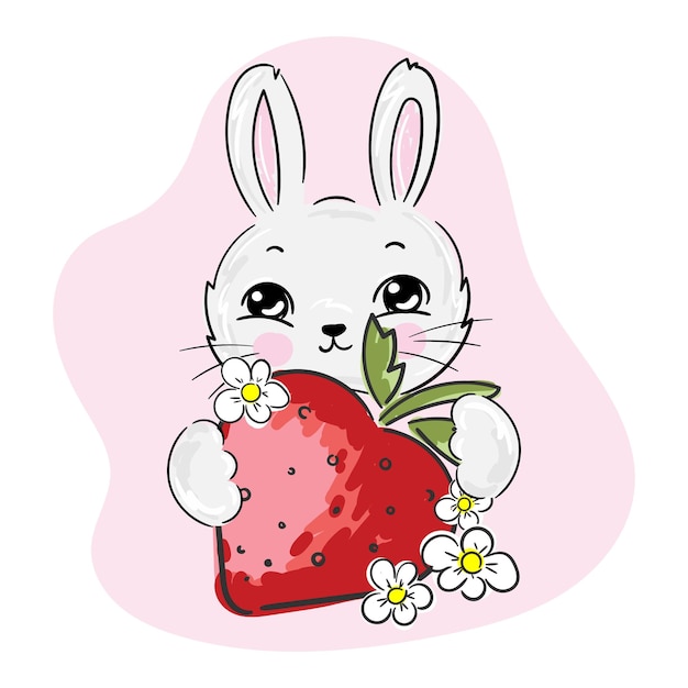 Cartoon cute baby animal girl Bunny print with strawberry on pink