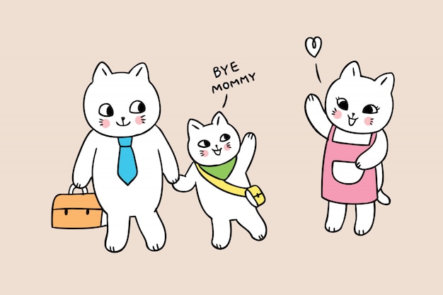 Cartoon cute back to school family cats 