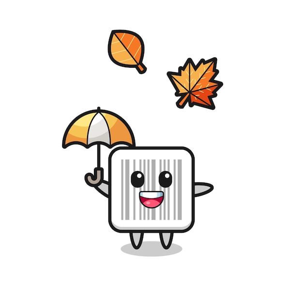 Cartoon of the cute barcode holding an umbrella in autumn