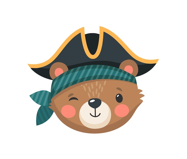 Vector cartoon cute bear pirate and corsair animal face