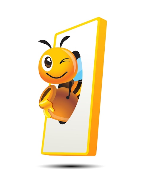 Cartoon cute bee holds honey pot flying out from mobile screen vector illustration