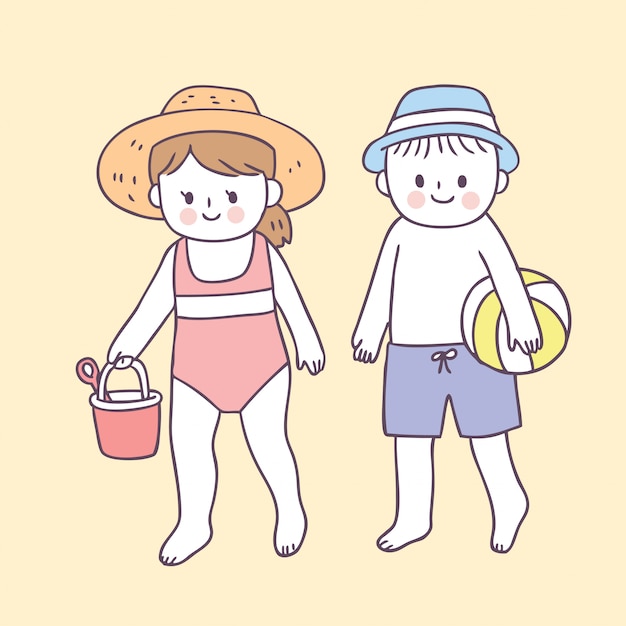 Cartoon cute boy and girl on beach