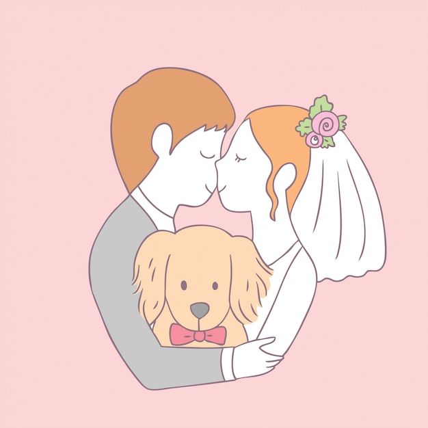 Cartoon cute Bride kiss groom and dog vector.