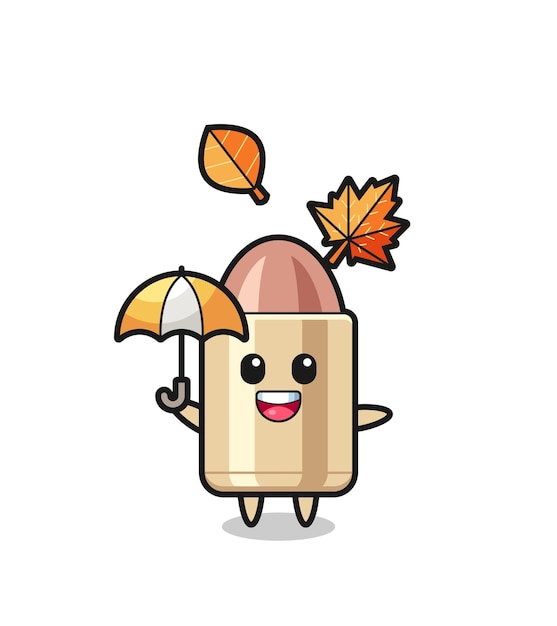 Cartoon of the cute bullet holding an umbrella in autumn