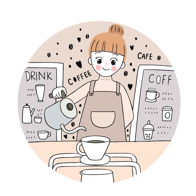 Cartoon cute cafe, woman and coffee