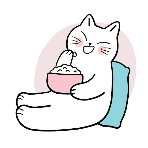 Cartoon cute cat eat popcorn vector