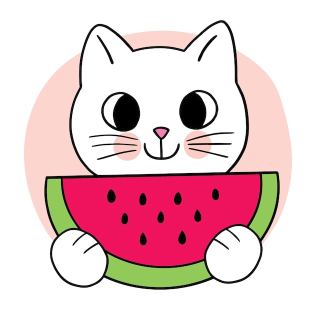 Cartoon cute cat eating watermelon vector