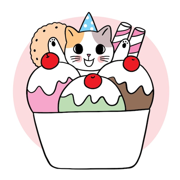 Cartoon cute cat and ice cream vector