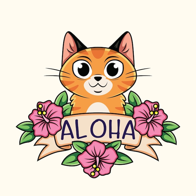 Cartoon cute cat with aloha board and flowers