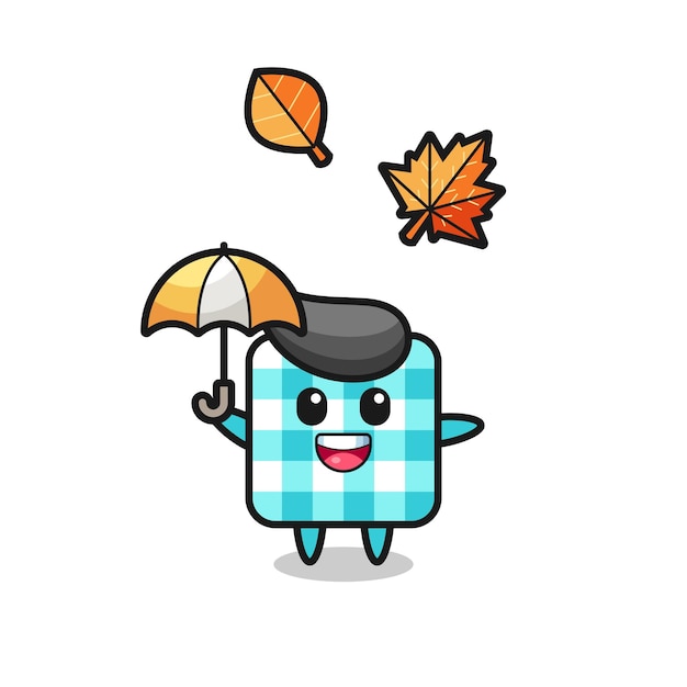 Cartoon of the cute checkered tablecloth holding an umbrella in autumn , cute style design for t shirt, sticker, logo element