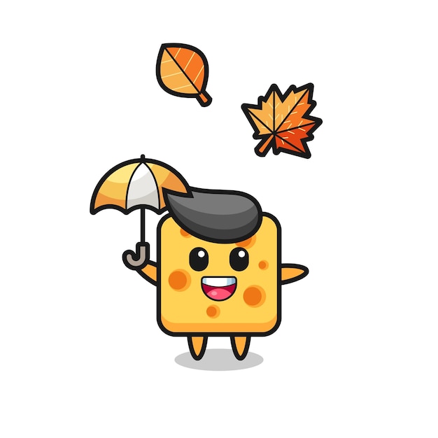 Cartoon of the cute cheese holding an umbrella in autumn , cute style design for t shirt, sticker, logo element