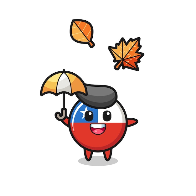 Cartoon of the cute chile flag badge holding an umbrella in autumn