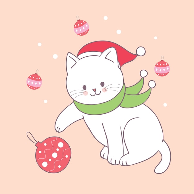 Cartoon cute Christmas cat playing vector.