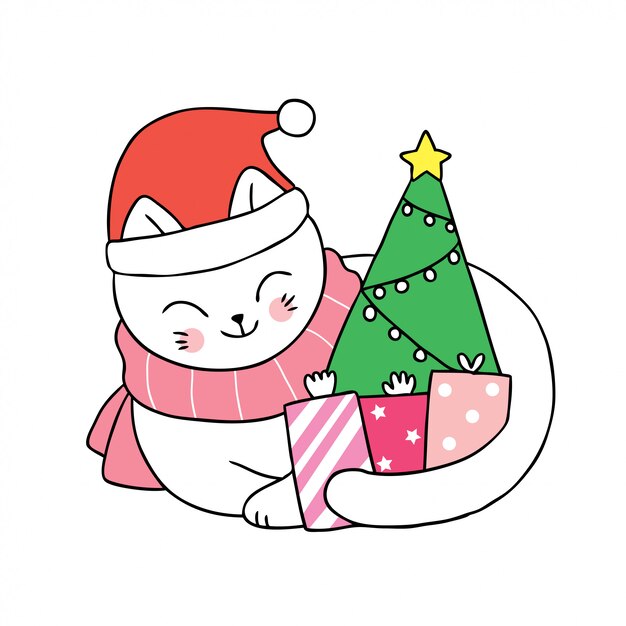 Vector cartoon cute christmas cat santa claus and gifts