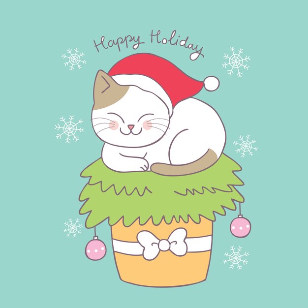 Vector cartoon cute christmas cat and tree vector.