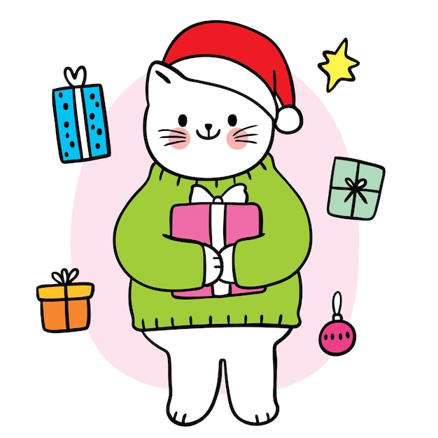 Cartoon cute Christmas and Happy New year cat and presents vector