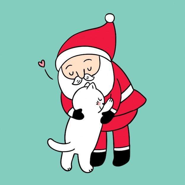 Cartoon cute Christmas Santa claus hugging cat .