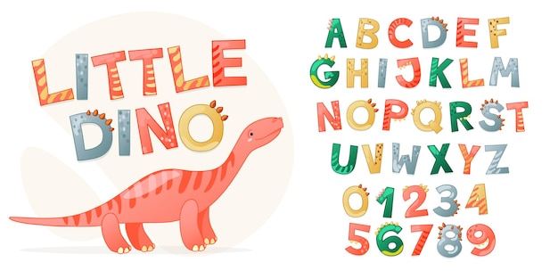 Cartoon cute Dinosaur alphabet. Dino font with letters and numbers. Children Vector illustration for t-shirts, cards, posters, birthday party events, paper design, kids and nursery design