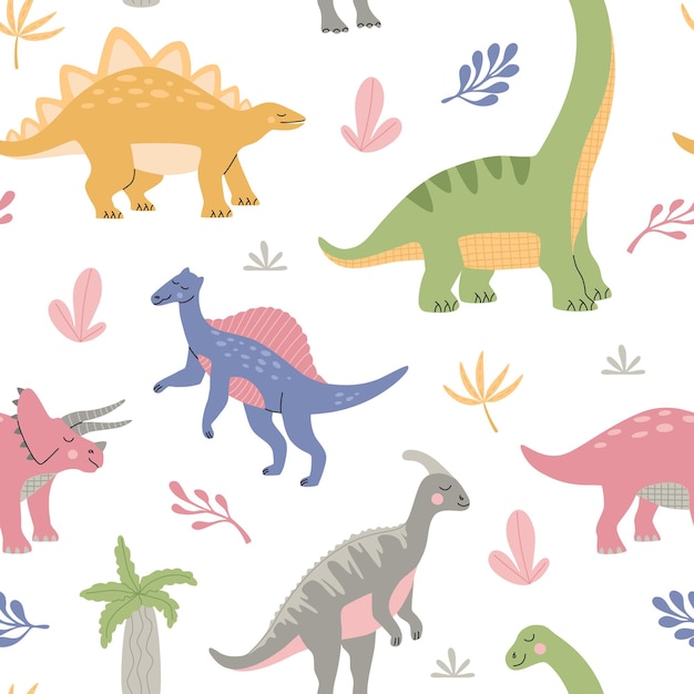 Cartoon cute dinosaurs among tropical plant. Seamless pattern for child. Colorful prehistoric animals isolated on white background. Hand drawn trendy flat vector illustration.