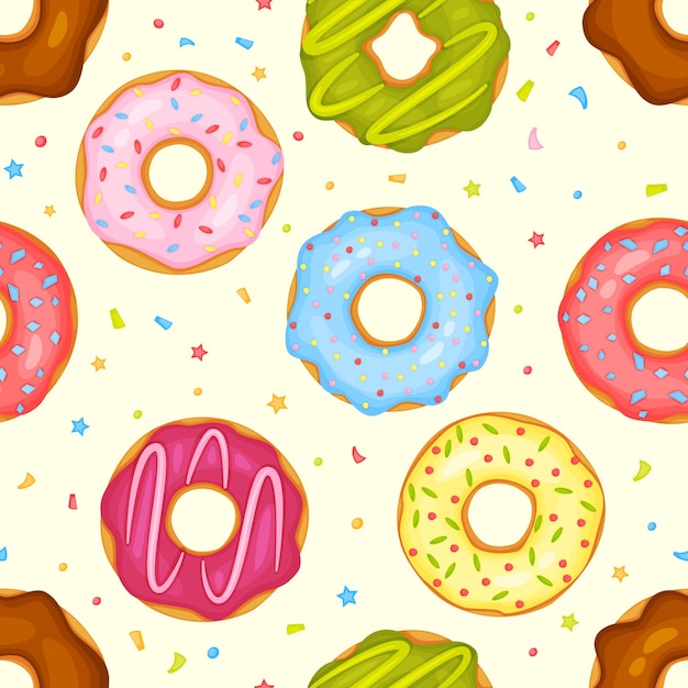 Cartoon cute donuts seamless pattern, glazed donut with sprinkles. Delicious doughnuts, sweet pastry dessert bakery vector background. Tasty sugary food assortment for wallpaper or fabric